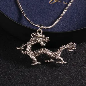 Retro stainless steel dragon pendant necklace with intricate silver scales for men