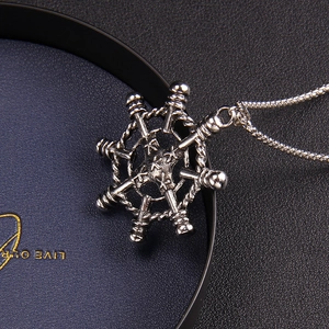 Retro stainless steel ship's wheel anchor pendant with vintage silver bead chain for men