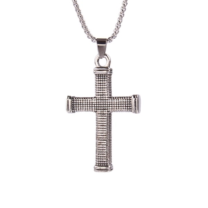 Vintage stainless steel cross necklace with grid texture and box chain in silver