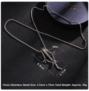 Detailed view of silver lizard pendant in alloy with stainless steel chain dimensions