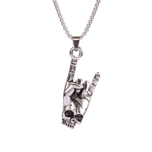 Punk rock skull with love gesture hand pendant on box chain stainless steel necklace