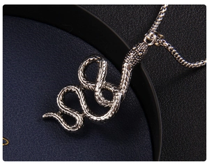 Vue détaillée d'un pendentif serpent en argent avec écailles et chaîne à mailles box