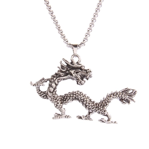 Retro stainless steel dragon pendant necklace with vintage silver finish and thick chain