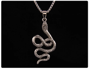 Gros plan du pendentif serpent argenté vintage avec écailles texturées et chaîne carrée