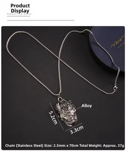 Detailed specs of skull pendant necklace with 70cm stainless steel chain and alloy material