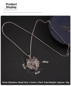 Detailed view of an antique silver wolf head pendant with a long stainless steel chain