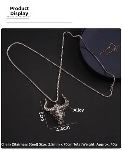Détails du pendentif tête de taureau : 5x4,4cm alliage avec chaîne acier 2,5mm x 70cm