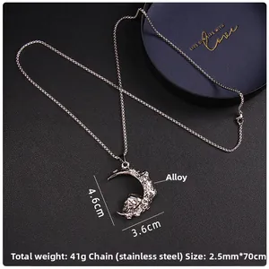Detailed shot of moon pendant with meteorite texture and stainless steel chain