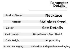 Specifications table for stainless steel necklace showing 70cm chain length and 13g weight