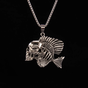 Collier Pendentif Squelette de Poisson Crâne Punk Argent Vintage pour Hommes Femmes Goth Hip Hop Bijoux en Alliage d'Acier Inoxydable