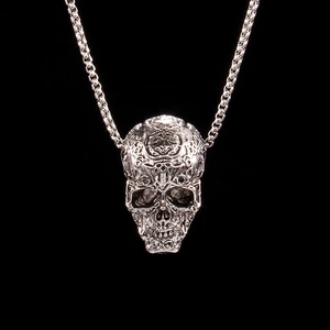 Gothic Vintage Carved Skull Pendant Necklace For Men Women Stainless Steel Box Chain Hip Hop Punk Rock Jewelry Silver Color