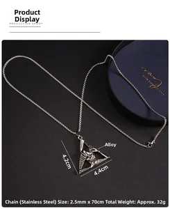 Detail view of gothic skull triangle pendant with stainless steel chain dimensions
