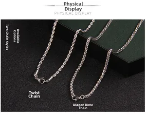 Detail view of silver stainless steel rope chain and bone chain with lobster clasp