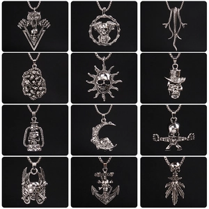 Punk Gothic Skull Pendant Necklace For Men Stainless Steel Alloy Heavy Metal Vintage Skeleton Halloween Jewelry Gift