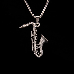 Hip Hop Musical Instrument Saxophone Pendant Necklace Stainless Steel Alloy Retro Silver Chain Necklace For Music Lovers