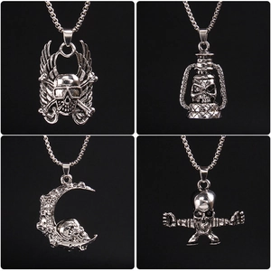 Gothic punk skull necklaces with wing and moon pendants in vintage silver finish
