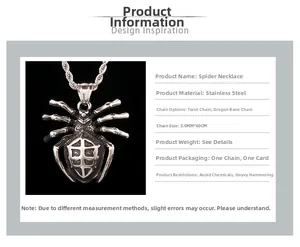 Detailed specs of stainless steel spider necklace with twist chain and dimensions
