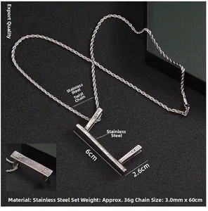 Detail of L-shaped stainless steel pendant with wood grain texture and 60cm rope chain