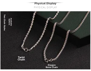 Detail of silver stainless steel rope chain and keel chain displayed on a jewelry box