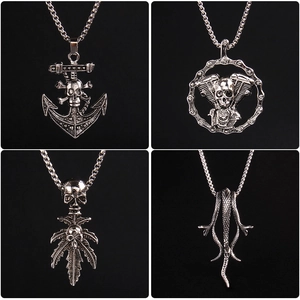 Gothic punk style silver necklaces featuring skull, anchor, and multi-headed snake pendants