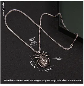 Detail view of a 3.8cm stainless steel spider pendant with 60cm dragon bone chain