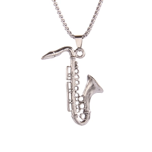 Hip hop saxophone musical instrument pendant in vintage silver on a box chain