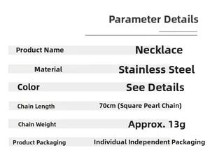 Spécifications du collier en acier inoxydable avec chaîne perlée carrée de 70cm et 13g