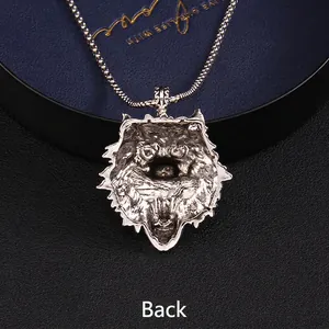 Silver stainless steel wolf head pendant necklace showing detailed back texture view
