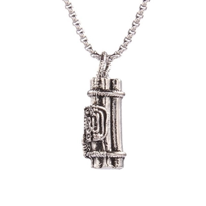 Retro punk necklace featuring a silver gattling style bomb pendant with round bead chain