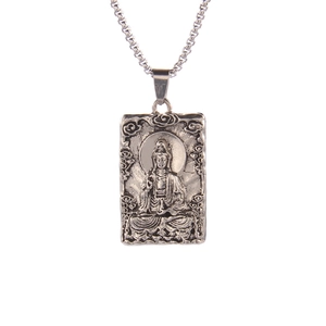 Collana con ciondolo Buddha Guanyin in acciaio argento vintage con catena lunga per uomo