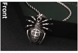 Detailed front view of a gothic spider pendant with vintage silver twisted rope chain