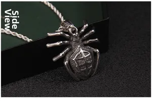 Macro side view of a punk-style stainless steel spider pendant with vintage silver finish