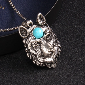 Gothic wolf head pendant necklace with turquoise stone inlay on black leather