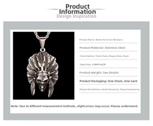 Detailed view of Indian skull feather pendant necklace with 3.0mm stainless steel chain