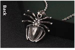 Macro shot showing the back details and texture of a punk spider pendant on a twisted chain