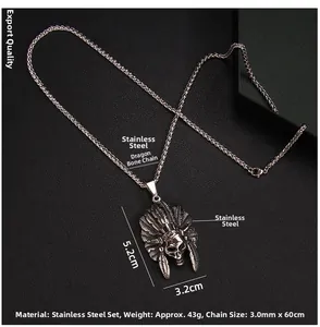 Detailed view of punk stainless steel Indian skull pendant with keel chain on leather