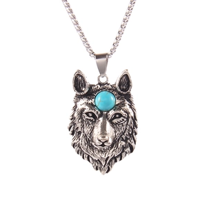 Vintage silver wolf head pendant necklace with turquoise stone and stainless steel chain