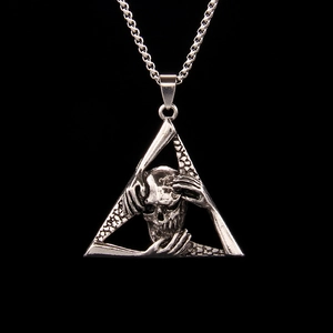 Gothic Punk Skull Triangle Pendant Necklace Stainless Steel Alloy Antique Silver Tone Distressed Hip Hop Men Women Jewelry