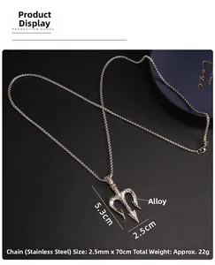 Detailed view of silver trident pendant with 5.3x2.5cm dimensions and steel chain