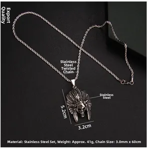 Detail of punk style stainless steel skull pendant with Indian feather headdress on chain