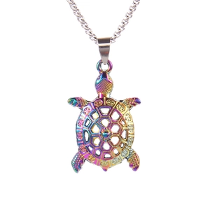 Colorful rainbow stainless steel turtle pendant necklace with hollow turtle shell design