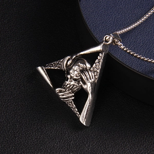 Gothic punk stainless steel necklace featuring a skull triangle pendant on black leather