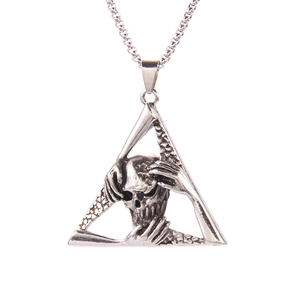 Gothic punk style stainless steel skull pendant necklace with three hands and ball chain