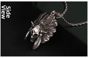 Side view detail of punk style stainless steel Indian skull pendant and twisted chain