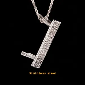 Niche Design Stainless Steel Wood Grain Bench Pendant Necklace Industrial Style Unisex Jewelry For Everyday Wear