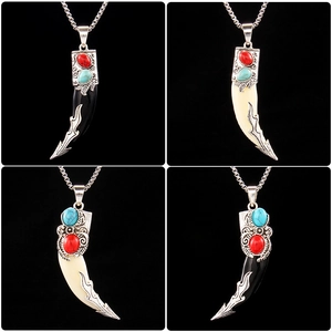Vintage Ethnic Wolf Tooth Pendant Necklace For Men Women Stainless Steel Chain Tribal Totem Inlaid Rhinestone Jewelry Gift