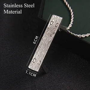 Minimalist stainless steel rectangular pendant with wood grain texture 6cm x 1.1cm