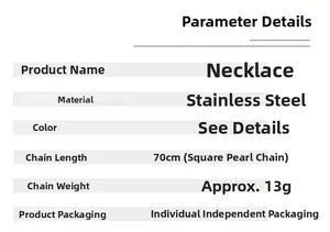 Spécifications du collier tête de mort punk montrant la longueur 70cm et le poids 13g