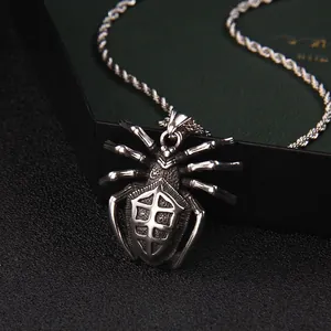 Gothic punk spider pendant necklace in vintage silver stainless steel with twisted rope chain