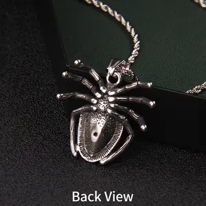 Gothic punk style stainless steel spider necklace with detailed silver textured spider pendant